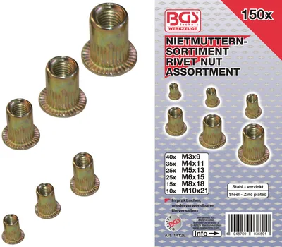 A collection of rivet nuts displayed on a white and light gray background, with product information and branding on the right side.