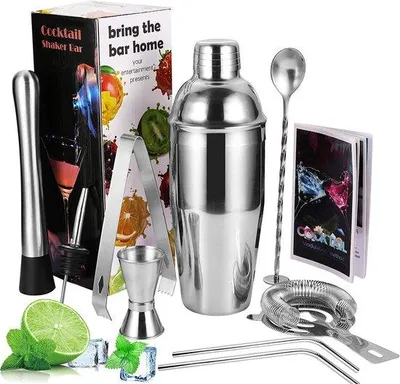Produktbild von Famanu Cocktail Shaker Set, 9-teilig, Edelstahl, Barzubehör, 750 ml Shaker, mit Zubehör