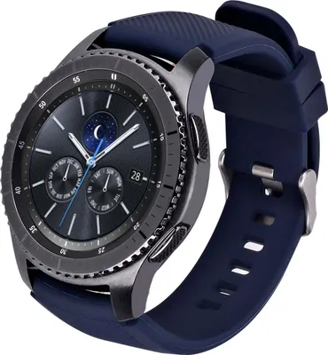 A smartwatch with a dark blue silicone band is shown against a white background.