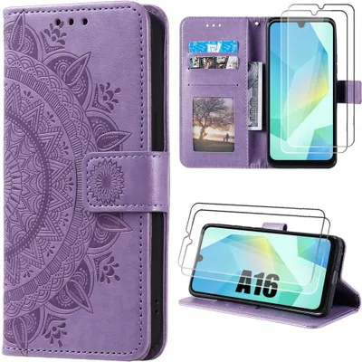 Image de Coque + 2 Verres Trempés pour Samsung Galaxy A16 5G/4G, Protection Antichoc Cuir Synthétique Gravure Mandala Violet