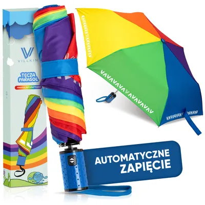 Zdjęcie produktu dla Villkin dziecięcy parasol tęczowy z paskami odblaskowymi - odporny na wiatr, z automatycznym otwieraniem i zamykaniem - 97cm parasol kieszonkowy