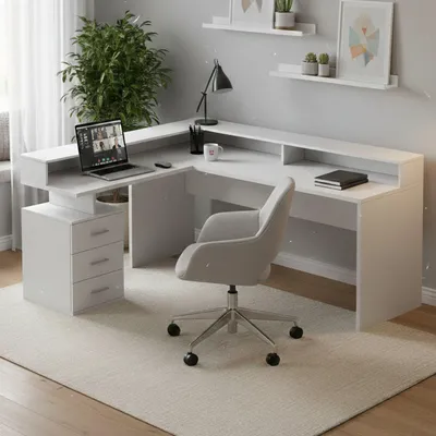 Immagine prodotto di Dmora Scrivania Leonilda 90x180x160h cm Bianco, Angolare Modulabile  Italy