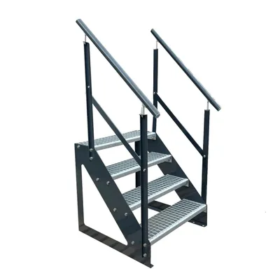 Produktbild von Gitterrost Stahl Freistehende Treppe 4 Stufen Verzinkt & Anthrazit Pulverlackierte Seiten + beidseitigem Geländer - (L x B x H) 82cm x 100cm x 76cm