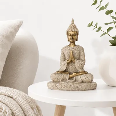 Image de Statue de Bouddha méditant - Sculpture pour jardin zen - Décoration pour la maison et le bureau - Couleur or