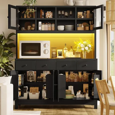 Imagen del producto de Armario aparador alto de 140x38.5x180 cm, aparador de MDF  con puertas de cristal, 4 cajones y luces LED RGB controladas por aplicación, ideal para cocina y comedor
