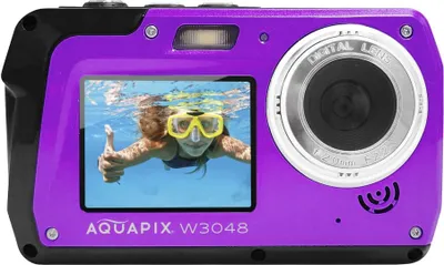 A purple digital camera with a screen displaying a girl snorkeling.