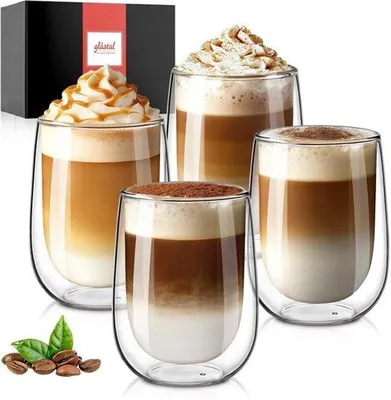 Zdjęcie produktu dla 4 szklanki podwójnych ścianek, pojemność 350 ml, idealne do kawy, cappuccino, latte macchiato. Szklanki do kawy, herbaty, mleka, soku, lodów. Wykonane z borokrzemianu, odporne na wysokie temperatury