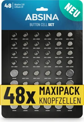 Produktbild von ABSINA 48er Pack Alkaline & Lithium Knopfzellen - AG1 AG3 AG4 AG10 AG13 CR2016 CR2025 CR2032 - Knopfzelle Sortiment 1,5V & 3V