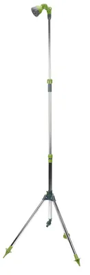 Produktbild von Gartendusche mit 3-Bein-Stativ, kipp- und drehbarem Duschkopf mit 5 Sprüh-Einstellungen, Adapter für 1/2 Zoll-Schlauchanschluß, höhenverstellbar von ca. 160 – 220 cm