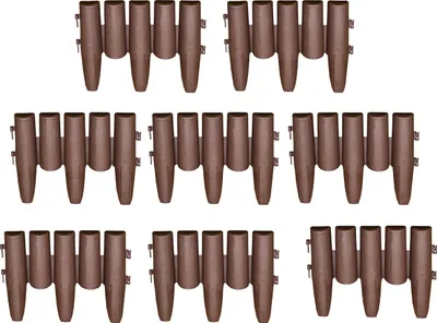 Multiple rows of brown garden edging pieces arranged on a white background.