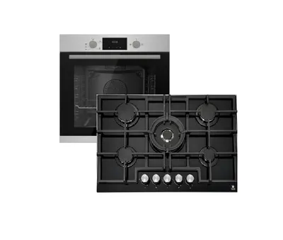 Produktbild von Gasline Gasherdset GB850-FIX Einbaubackofen mit Umluft + Gaskochfeld 75cm Schwarz Glaskeramik mit 5 Brennern WOK Brenner 4,20 kW