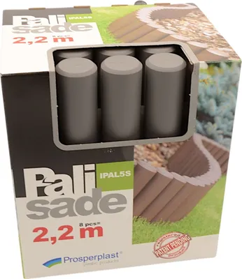 A product box for garden palisades, showing the product inside and a graphic of the product in use.