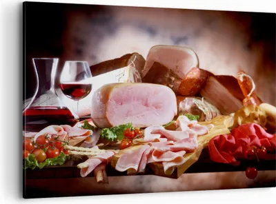 Produktbild von Bild auf Leinwand - Leinwandbild - Essen Essen Wurst Kräuter - 100x70cm - Wand Bild - Wanddeko - Leinwanddruck - Bilder - Kunstdruck - Wanddekoration - Leinwand bilder - Wandkunst - AA100x70-2568