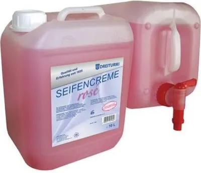 Two large pink plastic containers of liquid soap, one with a tap.
