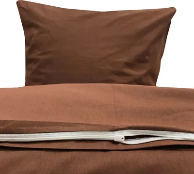 A brown duvet cover and pillowcase are neatly folded and displayed against a white background.