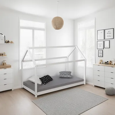 Produktbild von Homestyle4u 1849, Hausbett Kinderbett 90x200 Weiß mit Lattenrost Kinder Bett Haus Holz Kiefer