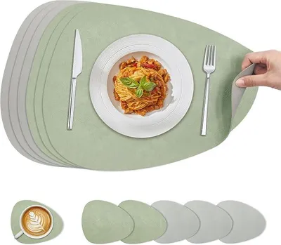 Produktbild von PolkaHome® 6-teiliges Set Tischset und Untersetzer – 40x30 cm, Grün/Grau, abwischbar, hitzebeständig bis 80°C