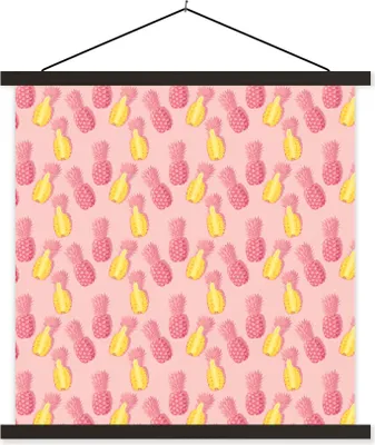 Produktbild von MuchoWow® Textilposter Sommer - Ananas - Muster - Rosa 120x120 cm mit schwarzem Rahmen - Aufhängungsset