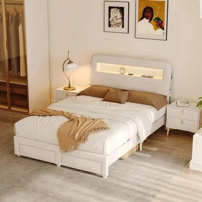 Image de Lit double tapissée - Velours avec rangement intégré et sommier à lattes en bois
