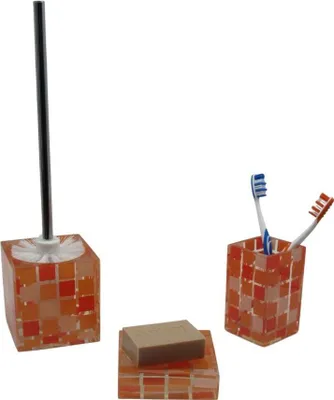 Produktbild von 3tlg Set Bad Accessoires WC-Bürste Zahnputzbecher Seifenschale Mosaik Orange