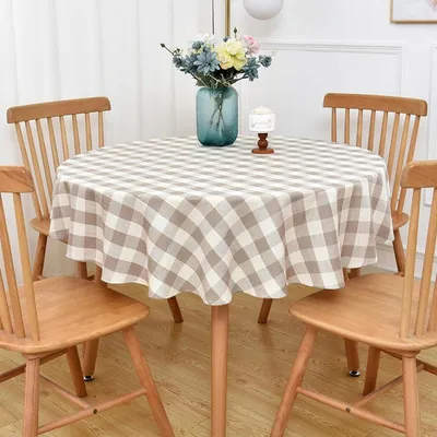Productafbeelding van Ronde tafelkleed, 135 cm, beige, geruit, afwasbaar, katoen, linnenlook