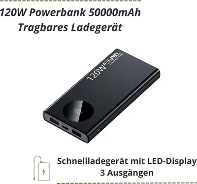 Produktbild von 120W Powerbank 50000mAh - Schwarz - Schnellladegerät mit LED-Display & 3 Ausgängen