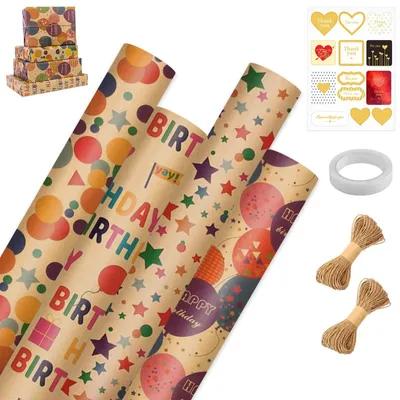 Productafbeelding van Omgoods - Set van 4 Rollen Cadeaupapier voor Verjaardagen met Henneptouw