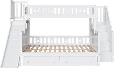 Produktbild von Flieks Etagenbett mit Rutsche, Kinderbett 90x200/140x200cm mit Rausfallschutz, Hochbett mit Treppe und 2 Schubladen, Etagenbett mit Lattenrost, Weiß