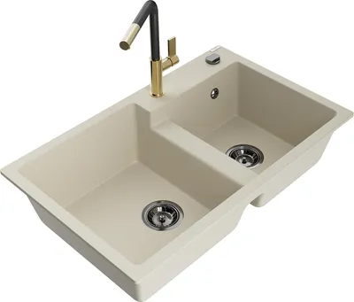 Produktbild von Mexen Tomas Granitspüle 2-Becken mit Küchenarmatur Flora, Beige - 6516-69-670401-57-B