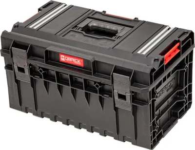 A black toolbox with red accents and silver stripes on a white background.