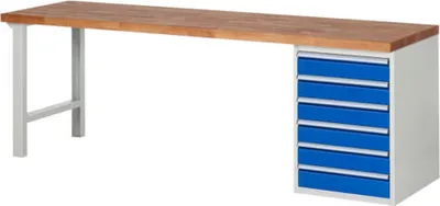 Produktbild von Werkbank mit 6 Schubladen - Vollauszug - 120:6 - 840 x 2.500 x 700 mm (HxBxT) - Traglast 1.000 kg - Buche