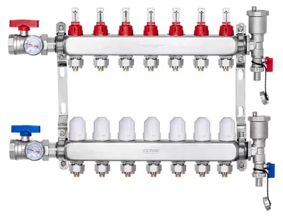 Image de Collecteur de distribution de chaleur VEVOR à 7 branches, collecteur de tubes PEX de 1/2 pouce, collecteur PEX en acier inoxydable pour chauffage par le sol hydronique, kit de distribution de chaleur PEX avec adaptateurs de 1/2 pouce