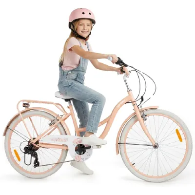 Image de Vélo pour enfant SUN BABY Flower Bike 24 pouces pour fille, vélo pour enfants à partir de 8 ans, 7 vitesses Shimano, freins V-Brake, porte-bagages, catadioptres, couleur abricot, 24 pouces