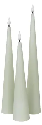 Produktbild von 3er-Set LED Kerzen "NANI" grün, im Natural Style, aus Wachs und Kunststoff in grün, 31 cm hoch, Ø 5 cm, Trifft nicht zu – Batteriebetrieb – mit realistischem Flammeneffekt – Schiebeschalter