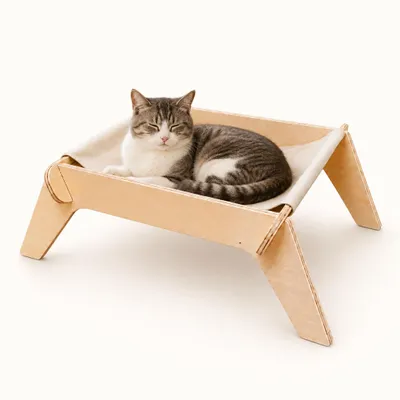 Image de Lit pour chat surélevé en bois avec hamac en coton lavable - Couchage pour chat, taille L 79,5 x 42,5 x 19 cm - Beige