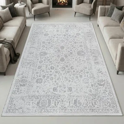 Produktbild von Teppich Grau Ornament Muster Vintage Stil Wohnzimmer Größe - 80 x 150 cm