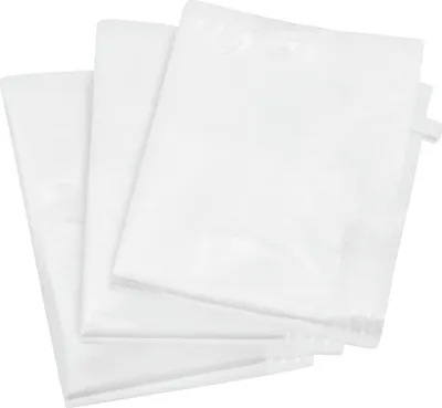Three white vacuum seal bags are stacked on a white background.