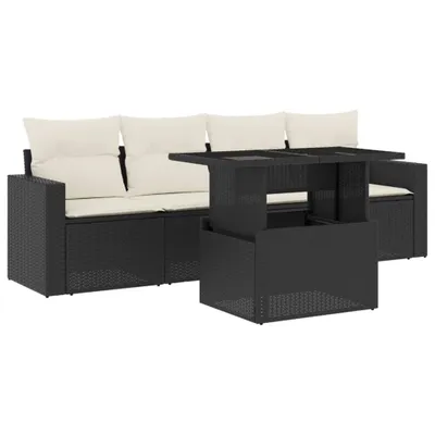 Produktbild von Modulares Gartenmöbel-Set, 5-teilig, mit verstellbarem Tisch, Poly Rattan Schwarz, Kissen Cremeweiß, UV-beständig