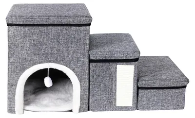 Image de Escalier pour chiens et chats - Marche d'escalier pliable à 3 marches - Rampe pour animaux de compagnie - Avec espace de rangement - Griffoir - Marches antidérapantes - Taille L - Gris