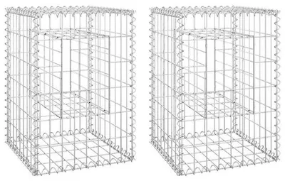 Image de Lot de 2 poteaux de jardin - 40 x 40 x 60 cm - Bacs en pierre et palissades - Argent - Avec capuchons - Acier inoxydable - Diamètre du fil : 3,5 mm - Poteaux de jardin décoratifs
