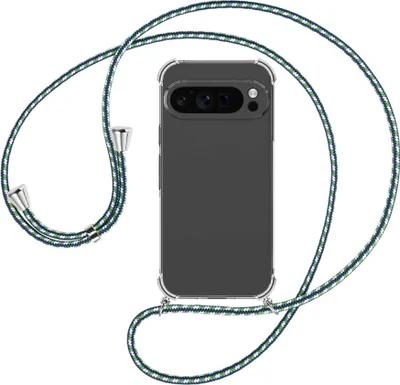 Produktbild von Handykette Backcover-Schutzhülle mit Band (Metall silberfarben) für Google Pixel 9 Pro XL (6.8'') - grün/blau/weiß
