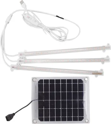 A solar-powered plant grow light with three LED strips and a solar panel.