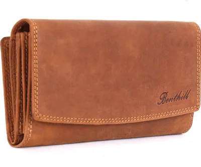 Produktbild von Benthill Damen Portemonnaie Echt Leder XXL - Geldbörse Groß mit RFID Schutz - Echtleder Vintage Damenbörse mit vielen Kartenfächer inkl. Geschenkbox
