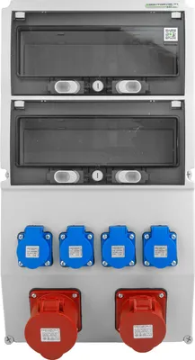 A front view of a white electrical distribution box with multiple outlets.