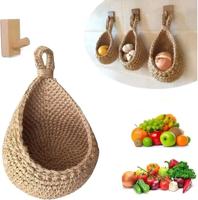 Produktbild von Wandmontierter Obst- und Gemüsekorb, handgewebter, tropfenförmiger Obst- oder Gemüsekorb aus Jute, hängende Küchenaufbewahrung (Höhe 23 cm, Breite 22 cm)