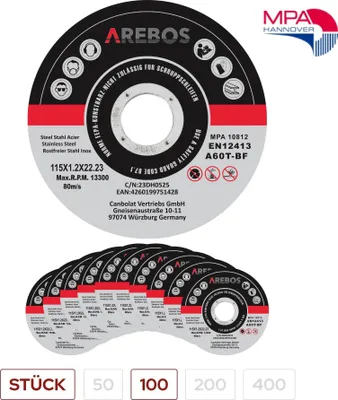 Immagine prodotto di Dischi da taglio AREBOS 115 mm 100 pezzi per acciaio inox metallo EN12413