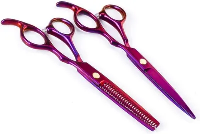 Imagen del producto de Juego de tijeras de peluquería y tijeras de entresacar, de 15,2 cm, en color violeta y rojo, ideal para salones de belleza o uso doméstico