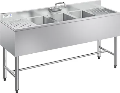 Produktbild von VEVOR Spülbecken mit 3 Becken & 2 Abtropfflächen & Spritzschutz, Küchenspüle (1524 x 470 x 838 mm), Küchenspüle für Restaurants Imbisswagen Privaten Gebrauch, Edelstahlspüle mit Wasserhahn