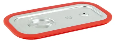 A stainless steel lid with a red silicone rim.