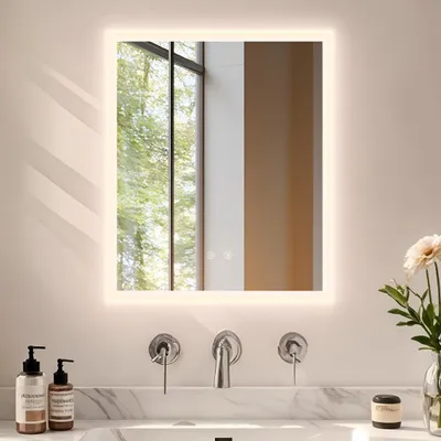 Obrázek produktu pro WISFOR Malé zrcadlo do koupelny s LED osvětlením, rozměry 40x50 cm, s funkcí proti zamlžování, nástěnné, s dotykovým spínačem a stmívatelným světlem